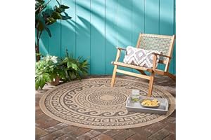 ‎TEPPIUM Teppium Outdoor Teppich Wetterfest 160 cm Rund Natur Sisal und Jute Optik - Küchenteppich Waschbar rutschfest, Wasserfest, Greek Design, Pflegeleicht - Ideal für Balkon, Terassen, Garten, Camping