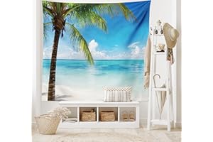 ABAKUHAUS Océan Tapisserie, Plage Exotique Littoral, Décoration Murale en Tissu pour la Chambre à Coucher Le Salon Le dortoir, 230 cm X 140 cm, Vert Blanc