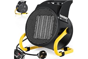 MASKO® Elektroheizer Heizlüfter Bauheizer Keramik Heizstrahler elektrisch Heizgerät mit Thermostat Elektroheizer mit 3 Heizstufen, Heizgebläse für Innen- und Außeneinsatz (Gelb, 2 KW - Rund)