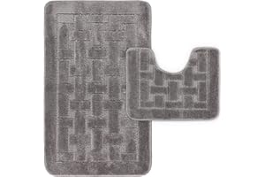 LS DECOR Luxury 2 Piece Block Bath Mat Set Non Slip Ultra Soft Bathroom Mats Water Absorbent Bath Mats Machine Washable Rug Toilet Mat for Bathroom Floor (CHARCOAL)