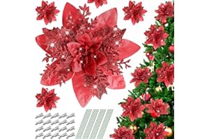 Serwalin 20pcs 14cm Weihnachten Blumen künstliche Poinsettia Blumen Dekorationen mit Clips Stiele Glitter Weihnachtsbaum Ornamente Weihnachten Hochzeit Party Kranz Girlanden DIY (rot)