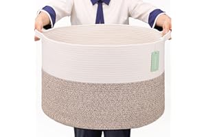 BOSROTY Extra Large Blanket Basket 87L, Laundry Hamper, Baby Nursery Hamper for Storage Toys Clothes Towels, Large Cotton Rope Laundry Basket for Girls Boys, 55 x 35 CM, White & Brown