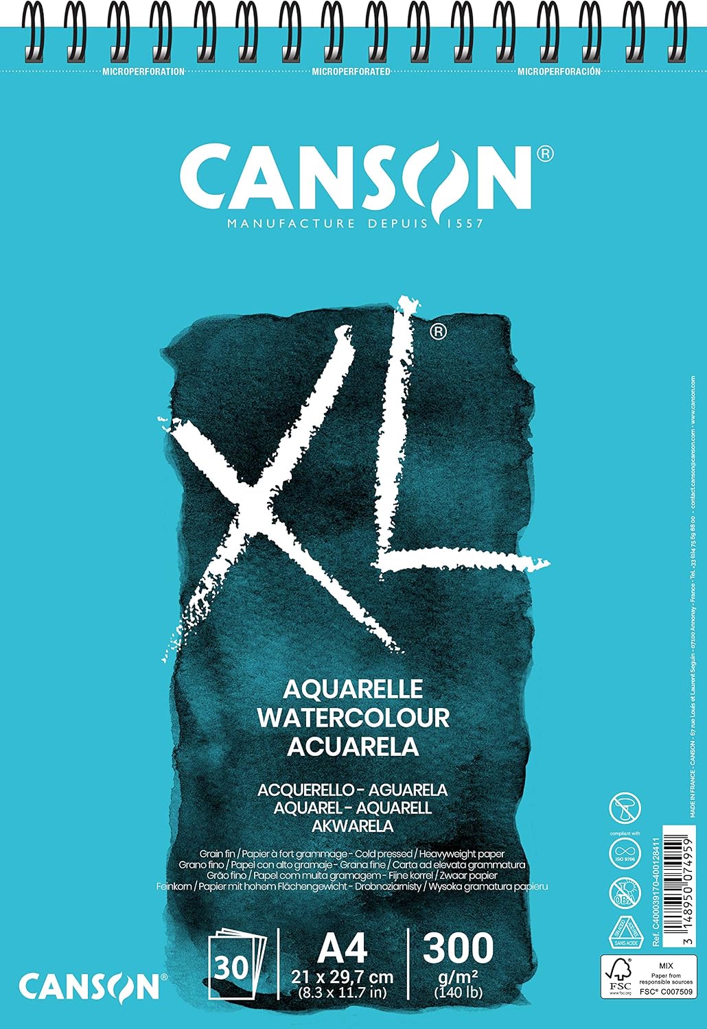 Canson XL, Papel de acuarela, Prensado en frío, 300g, Espiralados sobre el lado corto, A4-21x29,7cm, Blanco, 30 Hojas