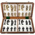 STATUESOLUTION Antique Folding Wooden Chess Board with Brass Chess Roman Figures Set - Best for Gifting, Home Decor and Playing ( Black & Yellow ) Size 16"×16" Inch