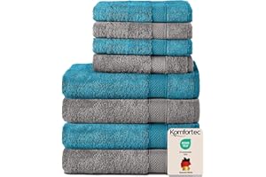 ‎KOMFORTEC Komfortec 8er Handtuch Set aus 100% Baumwolle, 4 Badetücher 70x140 und 4 Handtücher 50x100 cm, Frottee, Weich, Towel, Groß, Anthrazit/Türkis