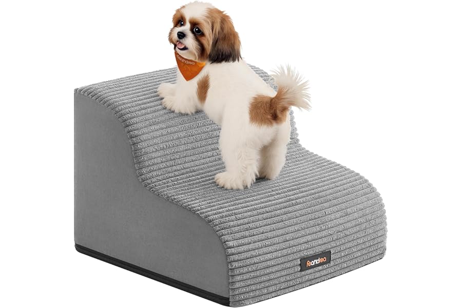 Feandrea 2-Step Dog Stairs, Dog Steps for Bed, Sofa, Waterproof Pet Stairs with Anti-Slip Designs, Gentle Slope, Removable Washable Cover, Handle, Dove Grey PPS002G01