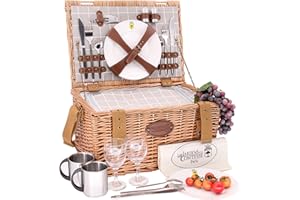 Les Jardins de la Comtesse - Wiklinowy kosz piknikowy - 2 osoby/izolowana chłodziarka/talerzy/kieliszki do wina/aluminiowe podkładki - tkanina w kolorze białym i szarym - 42 x 30 x 23 cm