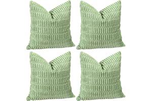 Sungeek Set of 4 Soft Corduroy Decorative Cushion Covers 45x45cm Square Striped Throw Pillow Covers 18x18 Inch for Sofa Couch Living Room Patio Farmhouse Boho Home Decor Pillowcases(Sage Green)