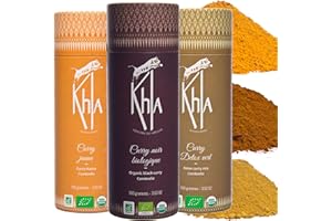 Khla - Coffret Trio de Currys Bio - Curry Jaune, Curry Noir & Curry Vert Détox - Tubes Poudre 3x 100g - Coffret Idée Cadeau - Mélanges Exclusifs - Ingrédients Cuisine - Épice d’Asie - Origine Cambodge