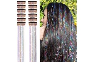 CWAWF 12Pcs Clip in Hair Tinsel Kit, 20.5 Inch Rainbow Glitter Heat Resistant Hair Tinsel Extensions Fairy Hair with Clips on, Sparkle Strands Festival Gift Party Dazzle Hair Accessories for Women Girls