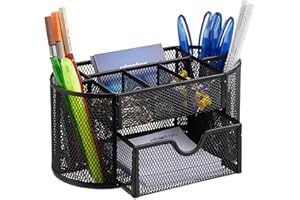Relaxdays Organizer na biurko, półka biurowa z uchwytami na długopisy i szufladą, metalowa siatka, wys. x gł.: 10,5 x 22 x 11 cm, czarny