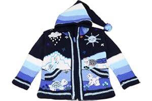 PABLO VICENTE Sunny Times Kinderstrickjacke aus Peru, Jacke mit Kapuze und Reißverschluss für Babys und Kinder, Weich und Warm für Freizeit oder Anlässe, Wolle, Größe 62 bis 116, Handgefertigt, Dunkelblau