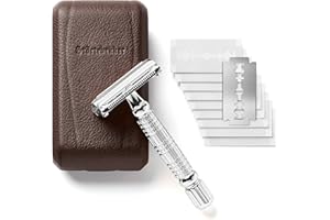 STÖRTEBEKKER SHAVING ACCESSORIES Störtebekker® Rasoio di Sicurezza in astuccio in pelle fatto a mano [con 10 lamette Störtebekker] Set di rasatura effetto vintage - Rasoio a umido di prima qualità - rasoio barba uomo (Argento - Café)