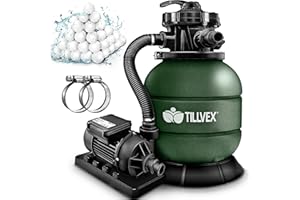 tillvex Depuradora de Agua para Piscina 7.900L/h + 400g Bolas de Filtro | 7 Funciones de Filtrado & Adaptador Ø32-38mm | Filtro de piscina con indicador de presión (Verde)