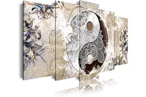 DekoArte 455 - Impression Sur Toile Moderne D'Images Artistiques Numérisées | Toile Décorative Pour Salon Ou Chambre | Style Abstrait Ying Yang Zen Couleurs Beige Marron | 5 Pièces 150 x 80 cm
