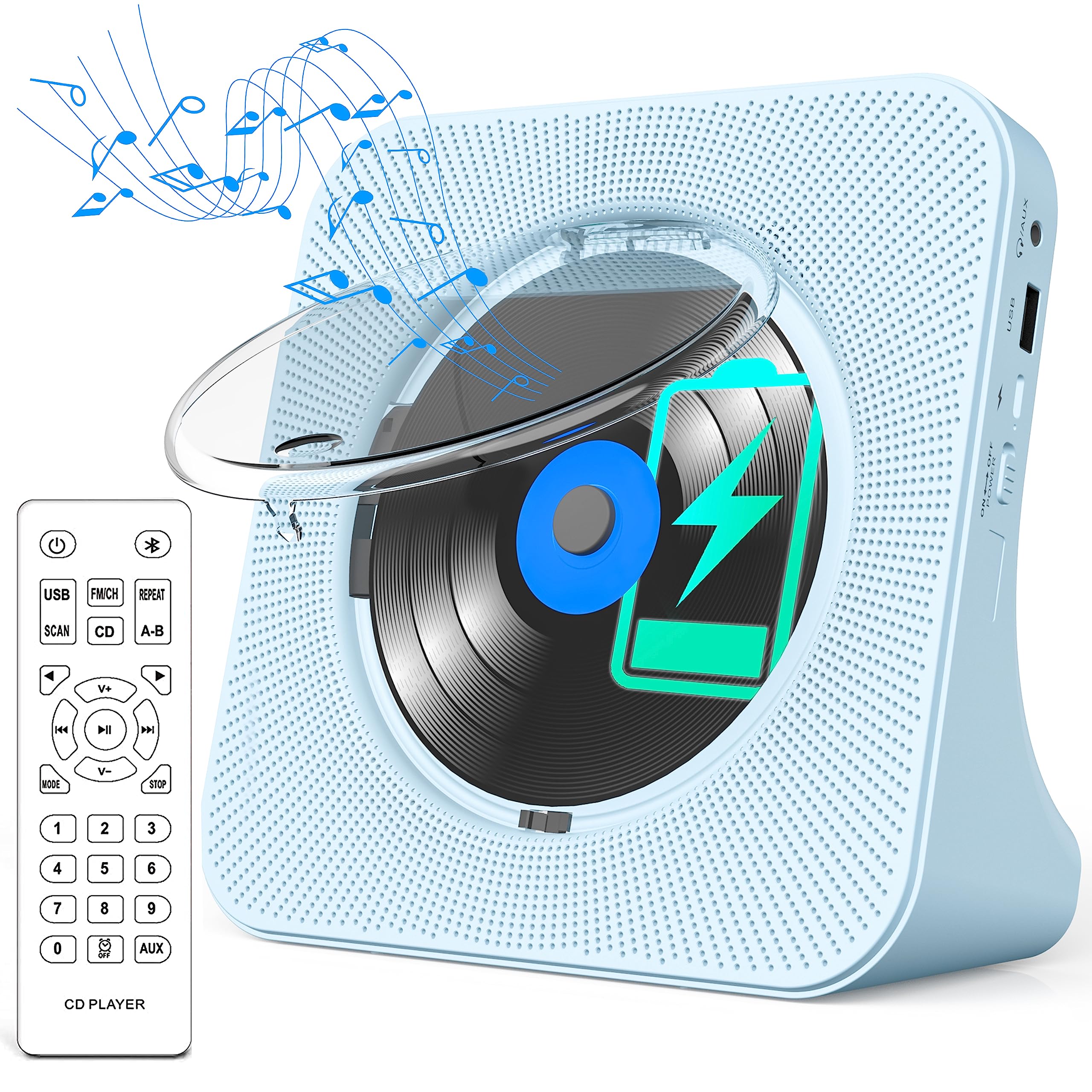 Greadio CD Player Portable with Bluetooth 5.0,HiFi Sound Speaker,Desktop CD Music Player with Remote Control,Dust Cover,FM Radio,LED Screen,Support AUX/USB,Headphone Jack for Home,Kids,Kpop,Gift Blue