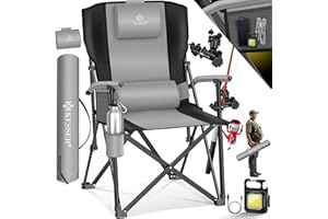 KESSER® Chaise de camping pliable jusqu'à 160 kg, Chaise de pêche pliante rembourrée avec accoudoirs, Lampe de camping et porte-gobelet + sac à dossier haut, Chaise de plage avec support de pêche