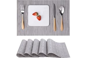 Myir JUN Table Mats Set of 6, Place Mats Table Placemats Washable Non-slip Heat Insulation Woven Vinyl for Kitchen Dinning Restaurant 18"X12" (Silver Gray)
