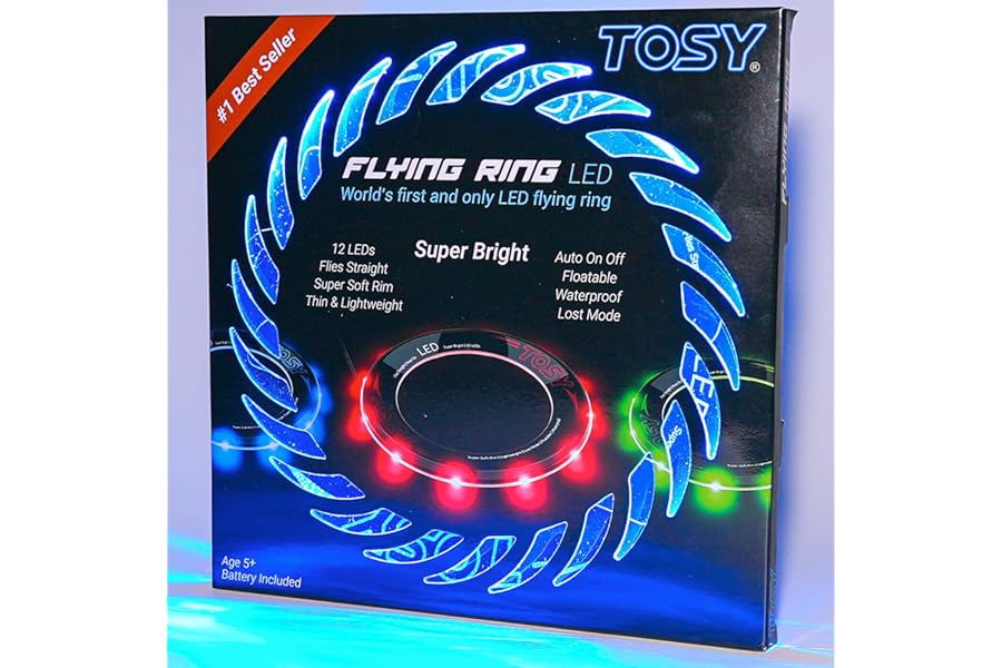 TOSY Flying Ring - 12 LEDs, Super Bright, Very Soft & Phosphorescent Rim, Auto Light Up, Safe, Waterproof, Lightweight frisbee, Cool Fun Christmas & Outdoor/Indoor Gift Toy for Boys/Girls/Kids