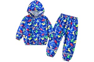FILOWA Tuta Impermeabile Bambino Bambina con Cappuccio Leggero Antipioggia Giacca & Pantaloni Impermeabili con Strisce Riflettenti Tuta Pioggia Completo Abbigliamento per Ragazze Ragazzi 1-7 anni