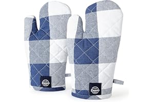 ‎ENCASA XO Encasa Homes Long 18x30 cm Oven Microwave Hand Gloves Mitts (2 pc Set) for Kitchen Cooking & Baking - Heat Resistant, Thick & Safe, Protection of Hands from Hot Utensils, Grill - Büffelblaue Karos