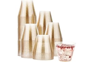 MATANA 120 Gobelets Réutilisables en Plastique Dur avec Paillettes Dorées (255ml/9oz) – Verres Solides et Lavables pour Boissons, Desserts, Anniversaires, Mariages, Noël, Fêtes
