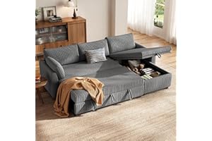 HOMRELEXA Ecksofa mit Schlaffunktion, Cord-Bezug Schlafcouch in L-Form, Schlafsofa Ausziehbar, Ausziehbares Sofa mit Stauraum, Umkehrbare Chaiselongue (Links oder rechts), Ideal fürs Wohnzimmer, Grau