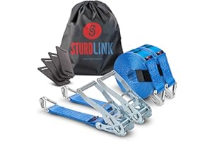 Sturdlink x2 Juego de Correa de Amarre con Trinquete de 50mm de Ancho con Ganchos de Hierro, 9m, LC 2500 kg / 5000 kg, STF 350daN. para Transporte, Camion, Remolques. Calidad Profesional, EN 12195-2