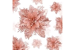 YSUVIN Fiori di Natale Decorare, 10 Pcs Oro Rosa Albero di Natale Decorazioni Glitter Fiore di Natale, Fiori Artificiali di Natale con 10 Pcs Clip per Natale Matrimonio Festa Capodanno (14cm)