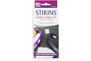 STIKINS® Name Label Kit with Pen, 60x Plastic Write-On Labels (Pen Included), Washer and Dryer Safe, No More Ironing or Sewing, Just Write, Peel and Stick in