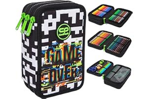 Goldkids Federtasche 3-fache Federmappe Game Over Federmäppchen 46-teilig gefüllte Schüleretui Stifte und Pinsel inkl. Aufgabenheft Federbox Etui Stiftetasche Schlamper-Etui Schul-Etui