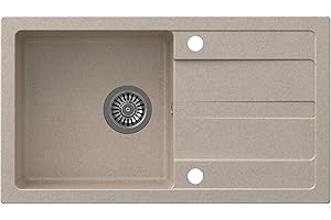 VBChome Fregadero de 77 x 44 cm de granito beige para empotrar, superficie de drenaje moteada, reversible, compuesto + sifón dispensador de detergente