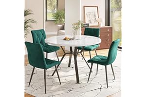 Gxffipw Round Dining Table with 4 Chairs Set for 4 People, Round Dining Table 100 x 100 x 75 cm with Black Metal Legs and 4 Green Velvet Dining Room Chairs, Dining Room Furniture, Kitchen Furniture