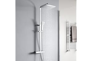 YOOZENA Columna de Ducha Termostática Ajustable Con Grifo, 38 °C, Alcachofa de Ducha de Baño con Manguera, Cromado Cuadrada