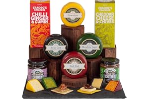 InterCheese | Classic 4 Cheese Truckles Hamper Gift with 2 Crackers, 2 Chutney Hamper using Cheddar, Double Gloucester, Wensleydale and Derby Cheeses presented in Wood Wool