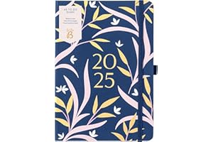 BUSYB Busy B - A5 Agenda settimanale 2025 con elenchi di impegni e pagine di appunti - Diario compatto floreale blu marino - Layout settimanale, 3 tasche e pianificatore annuale