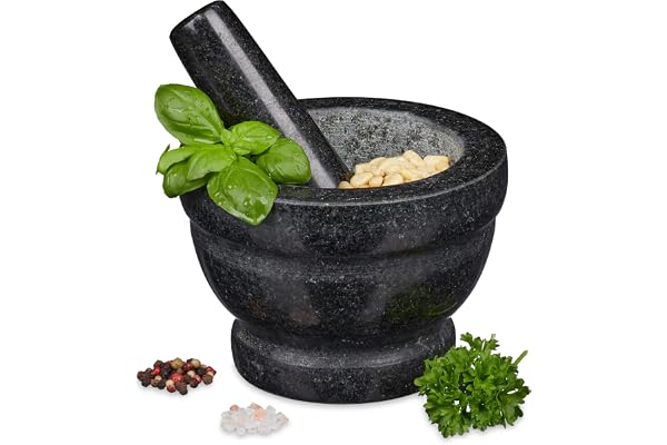 Relaxdays Mortier en granit avec pilon, robuste, pour épices, herbes, mortier en pierre polie, d. 14 cm, 400 ml, gris