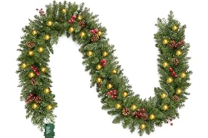 Joiedomi 2.7M künstliche Weihnachtsgirlande mit 100 LED-Lichtern, 27 Tannenzapfen und 27 roten Beeren, Weihnachtsdekorationskranz für Treppe, Haustür, Garten, Hof, Weihnachtsbaumdekoration