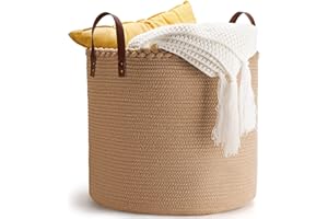 CAFETEE PANIER DE RANGEMENT COTON BLANC MOTIF TRESSE ET ANSES MARRON RIVETEES POUR DRESSING RANGEMENT DECORATION (Marron, 40X46 cm)