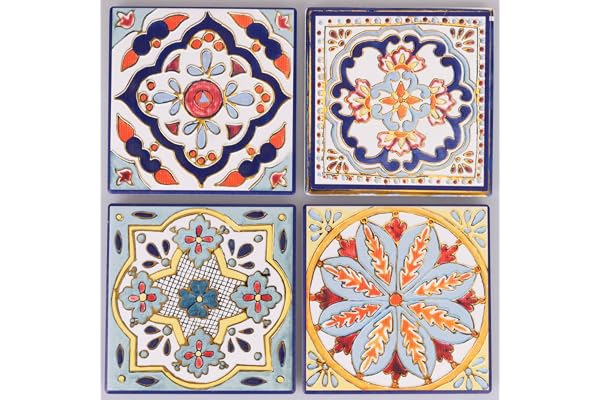 Villa d'Este Home Tivoli Set med 4 dekorativa plattor, 11 x 11 cm, keramik, golvkork, Yucatan