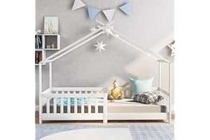 Moimhear Bonita Cama Infantil de 200 x 90 cm, Madera Maciza con Valla y somier, con protección anticaídas para niños