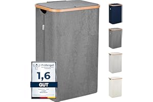 LONBET Wäschekorb mit Deckel 100L Groß - Stilvoller Wäschesammler Atmungsaktiv mit Stabilem Bambus-Rahmen - inklusive Herausnehmbarem Wäschesack Waschbar - Laundry Baskets Wasserdicht | Grau