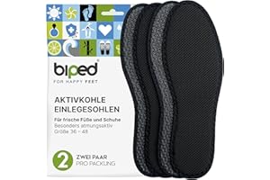 ‎BIPED biped 2 Paar Aktivkohle Einlegesohlen - Hygienische Frische für Sneaker, Sport- und Arbeitsschuhe - Einlagen gegen Schweißfüße – Waschbar z1017(43)