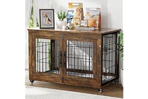 GIKPAL Hundebox für Zuhause mit Kissen, Hundehütte Hundehaus für Drinnen mit Doppeltüren und Rädern, Moderne Hundehaus für Mittlere, Große Hunde bis zu 70 lb, 98x64x68cm, Rustikales Braun