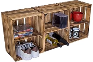 KISTENKOLLI ALTES LAND Cassette vintage fiammate, 50 x 40 x 29 cm/40 x 30 x 25 cm, decorazione per la casa, per la frutta, il vino o il fai da te (set da 3, 40 x 30 x 25 cm, con ripiano orizzontale)