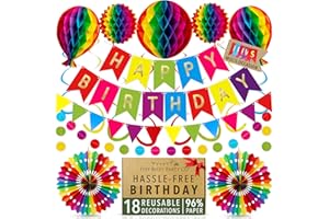 Premium Reusable Birthday Decorations - Happy Birthday Banner, Honeycomb Paper Party Decorations, Bunting, Streamers - Decor for Girls, Boys, Women & Men by Itsy Bitsy Party Co (Rainbow)