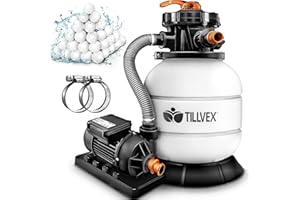 tillvex Depuradora de Agua para Piscina 7.900L/h + 400g Bolas de Filtro | 7 Funciones de Filtrado & Adaptador Ø32-38mm | Filtro de piscina con indicador de presión (Blanco/Naranja)