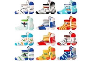 ELUTONG Toddler Non Slip Socks - 12 Pairs Kids Anti Skid Grip Cute Crew Cartoon Socks for 1-7 Years Boys Girls