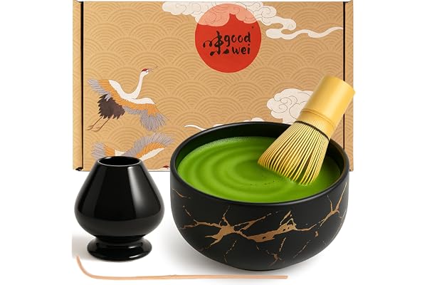Goodwei Matcha Ensemble à Cérémonie Thé Japonais Kit Bol, Fouet et Porte Fouet - Marbre (Noir, 80)