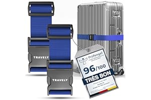 Travely® Lot de 2 sangles de valise de qualité supérieure, particulièrement attrayante et sûre, avec 2 étiquettes à bagage, sangle de bagage idéale en croix, bleu marine